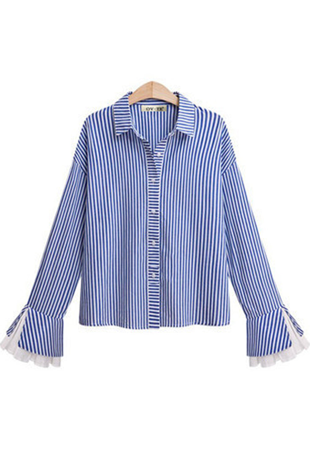 Women Striped Lotus Sleeve Collar Neck Casual Shirt