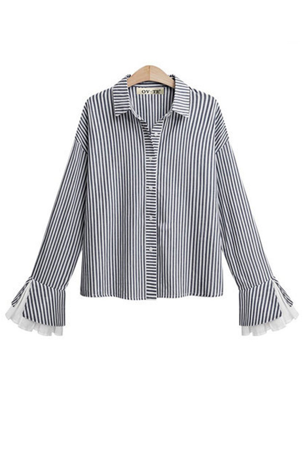 Women Striped Lotus Sleeve Collar Neck Casual Shirt
