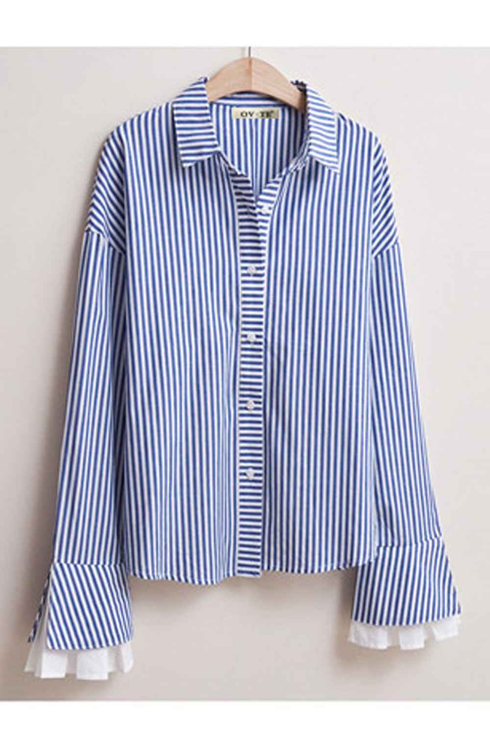 Women Striped Lotus Sleeve Collar Neck Casual Shirt