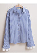 Women Striped Lotus Sleeve Collar Neck Casual Shirt