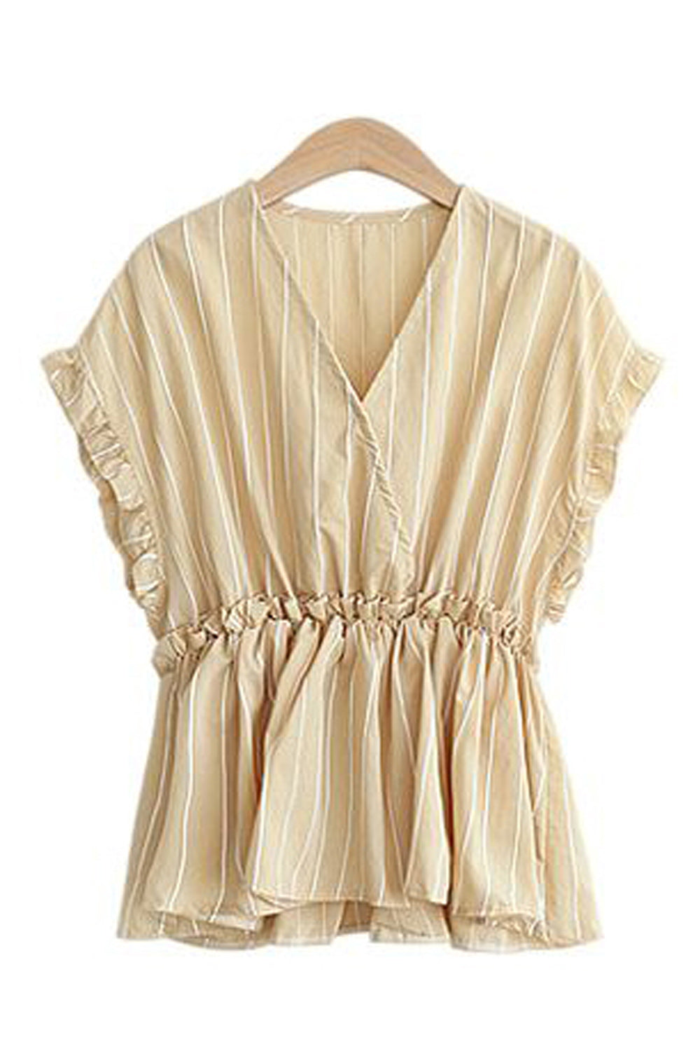 Women Trim Ruffle Pleated V-Neck Striped Shirt