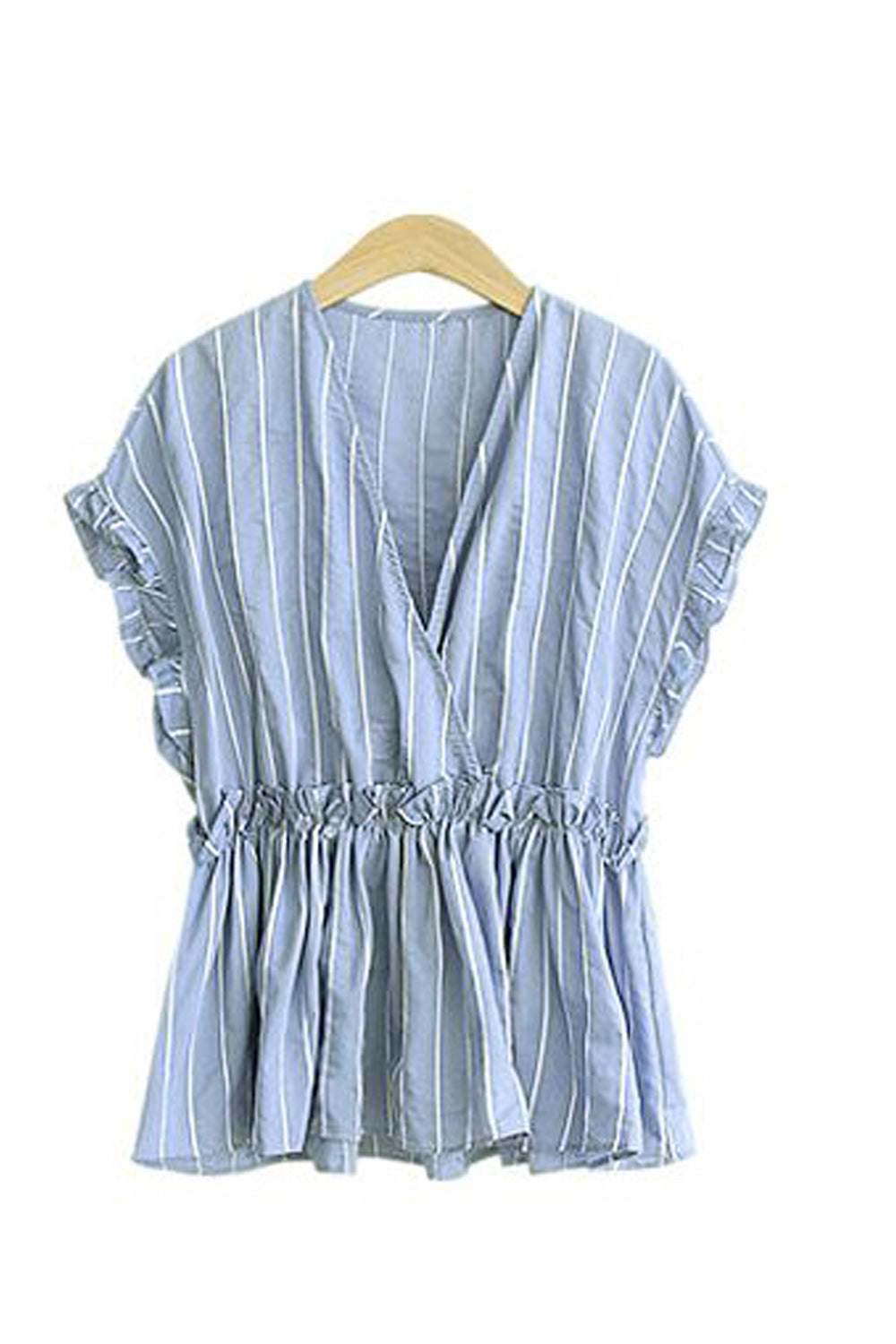 Women Trim Ruffle Pleated V-Neck Striped Shirt