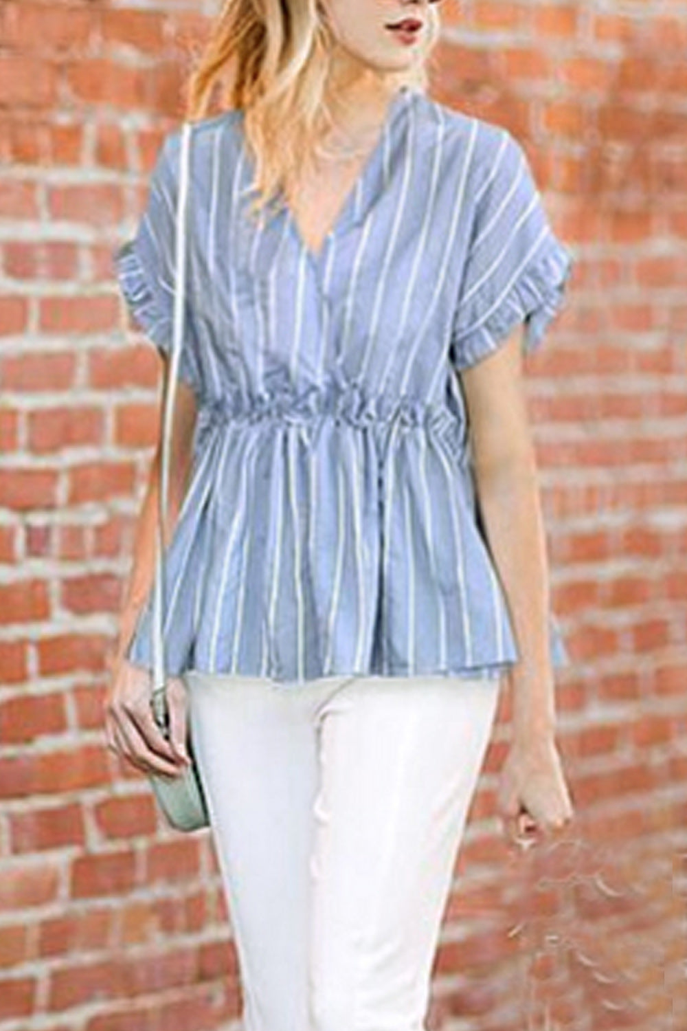 Women Trim Ruffle Pleated V-Neck Striped Shirt