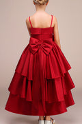Kids Girls Solid Color Strap Neck Decorated Evening Dress
