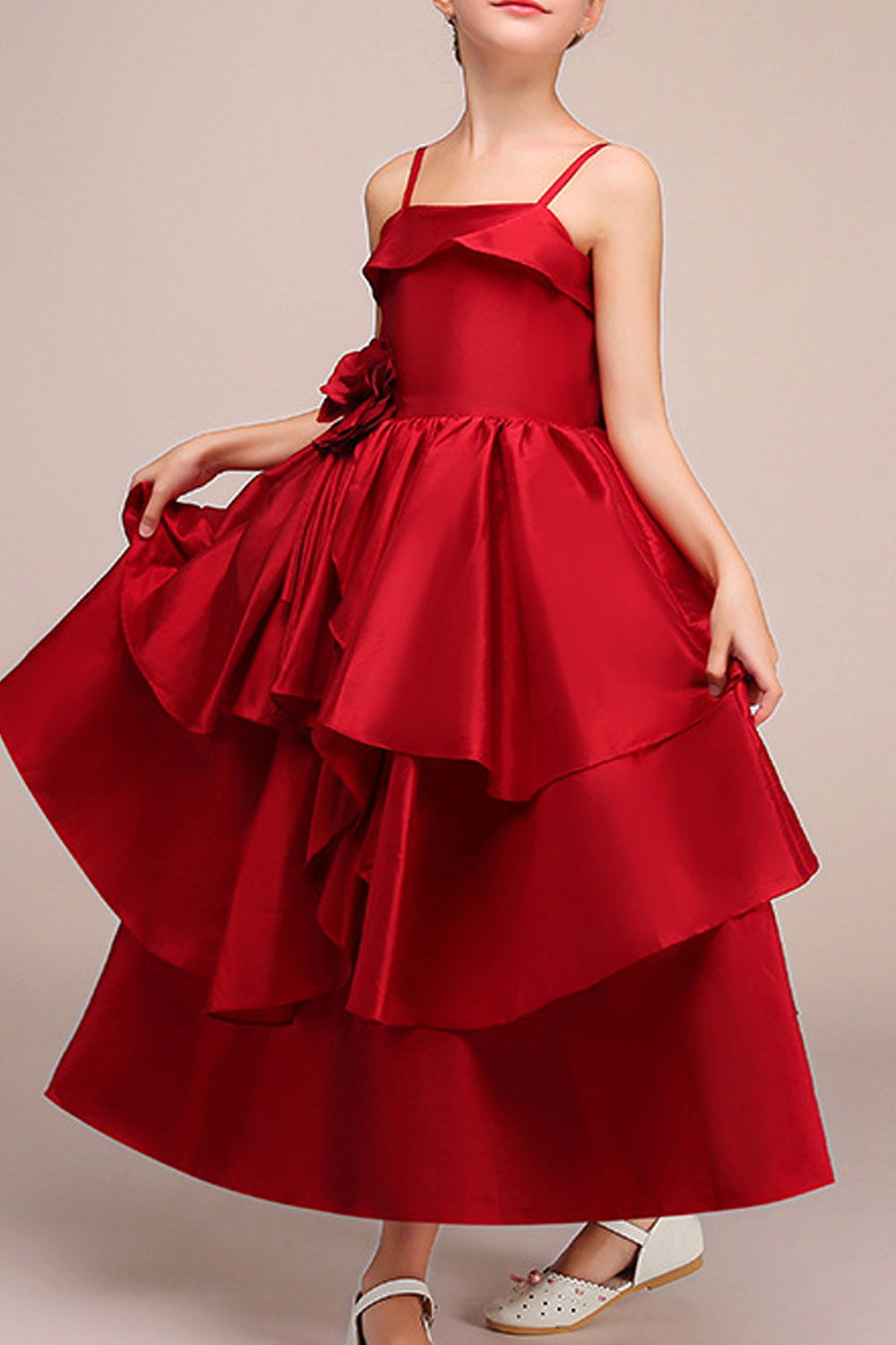 Kids Girls Solid Color Strap Neck Decorated Evening Dress