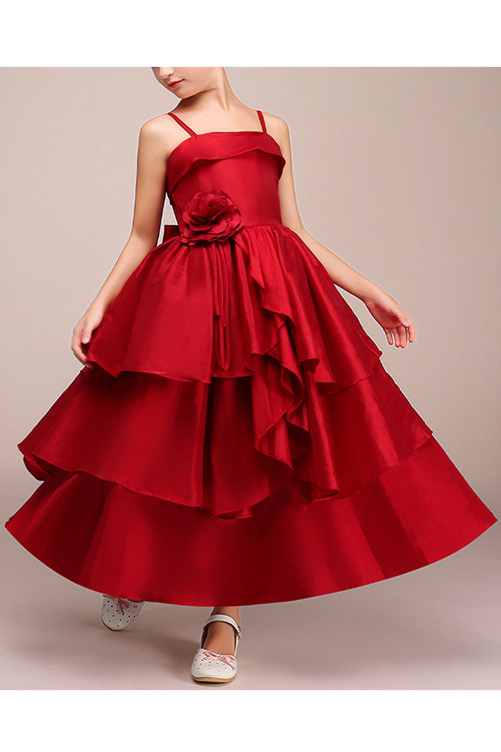 Kids Girls Solid Color Strap Neck Decorated Evening Dress