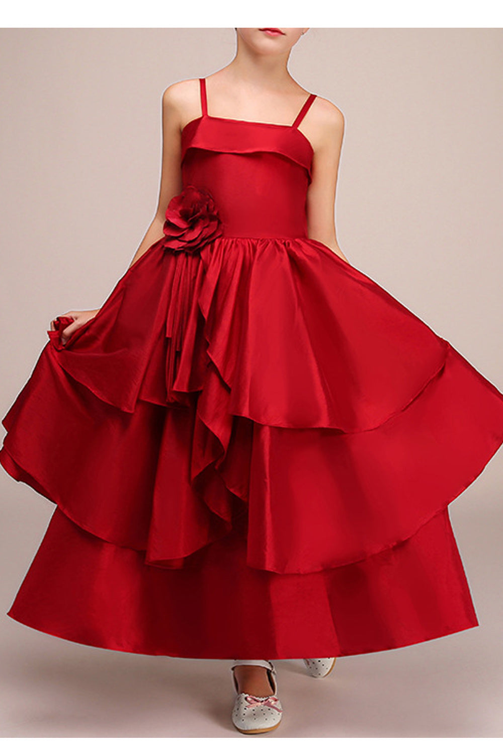 Kids Girls Solid Color Strap Neck Decorated Evening Dress