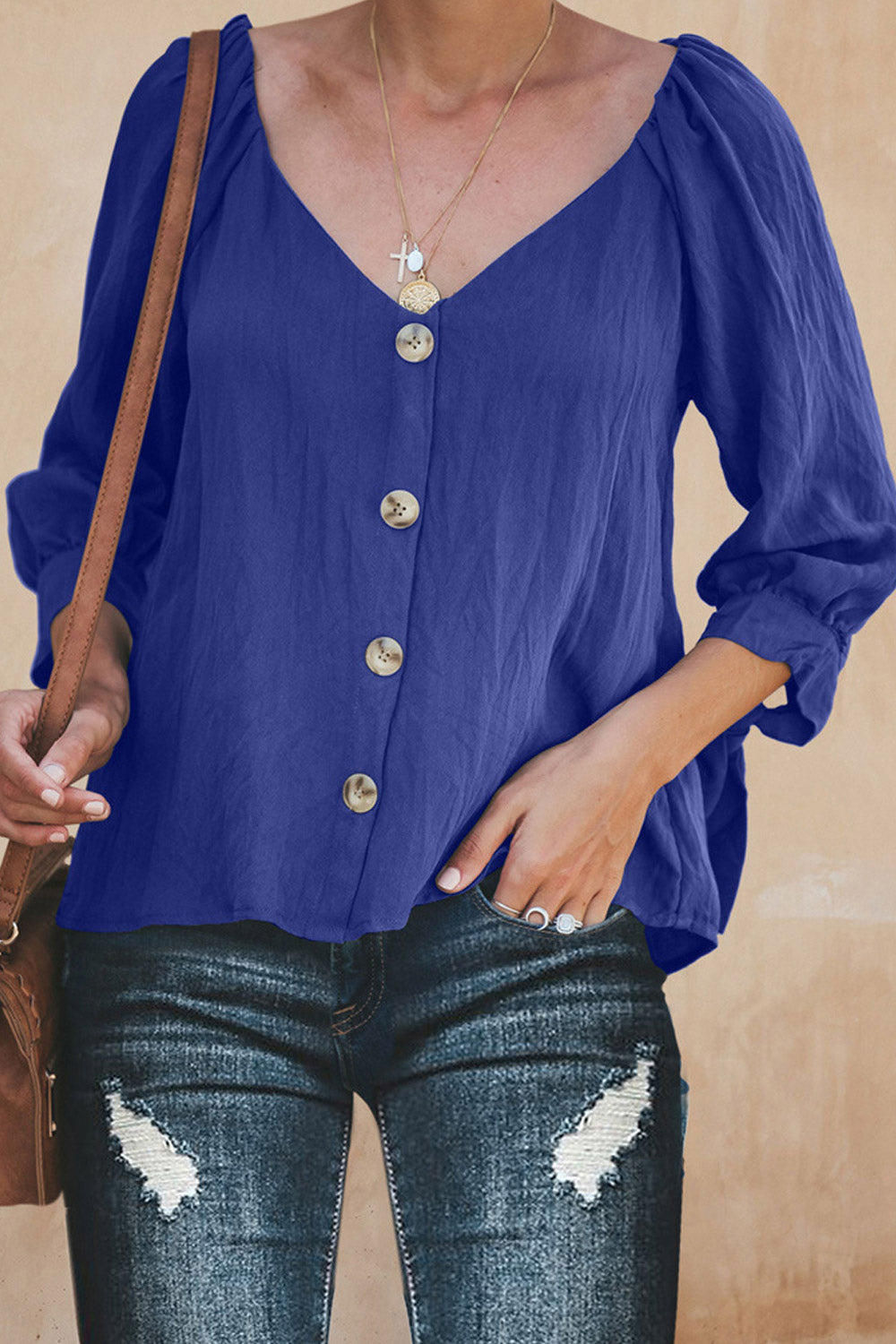 Women V-Neck Buttons Attached Pleated Shirt