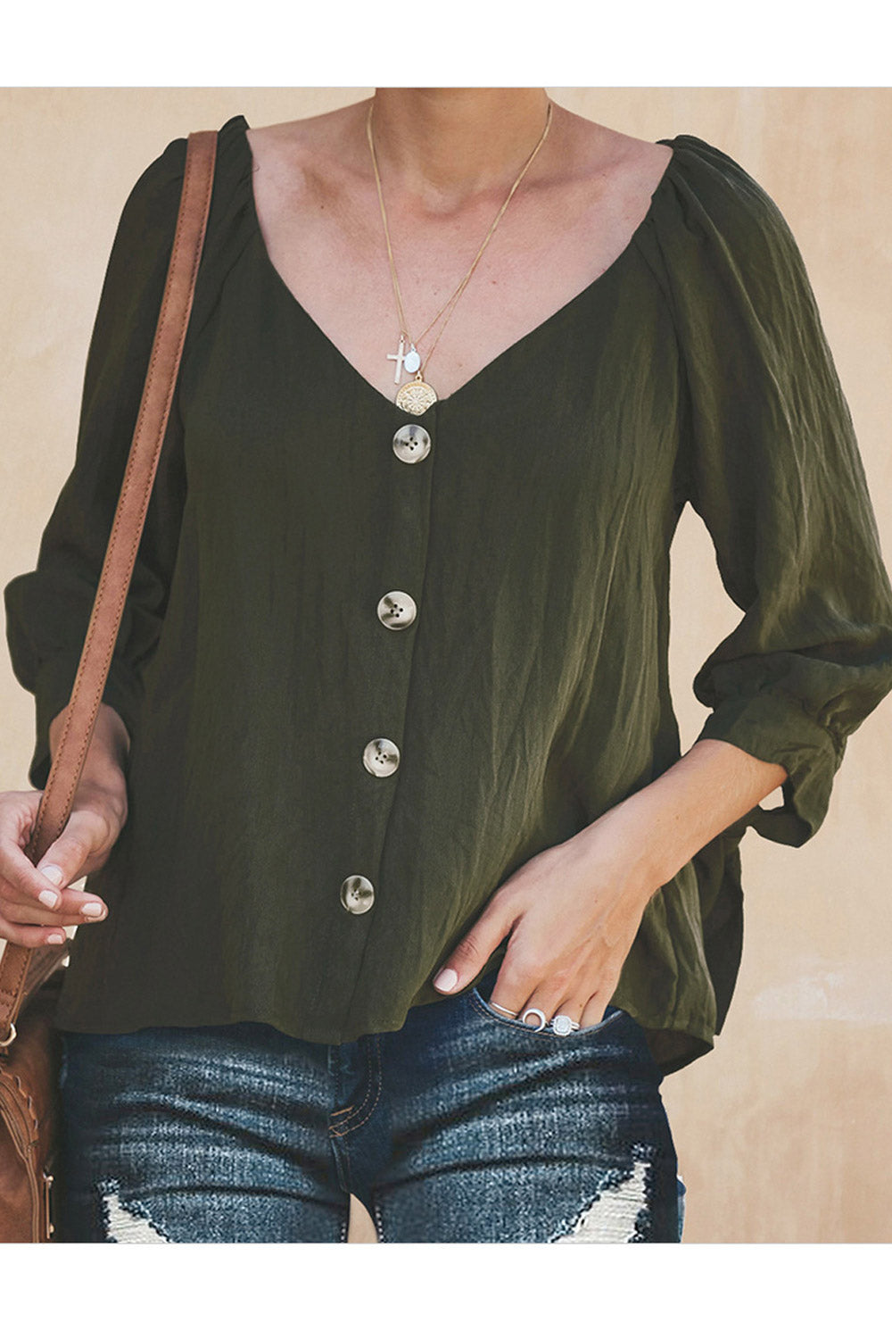 Women V-Neck Buttons Attached Pleated Shirt