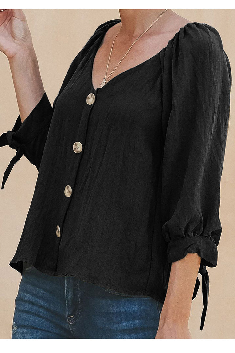 Women V-Neck Buttons Attached Pleated Shirt