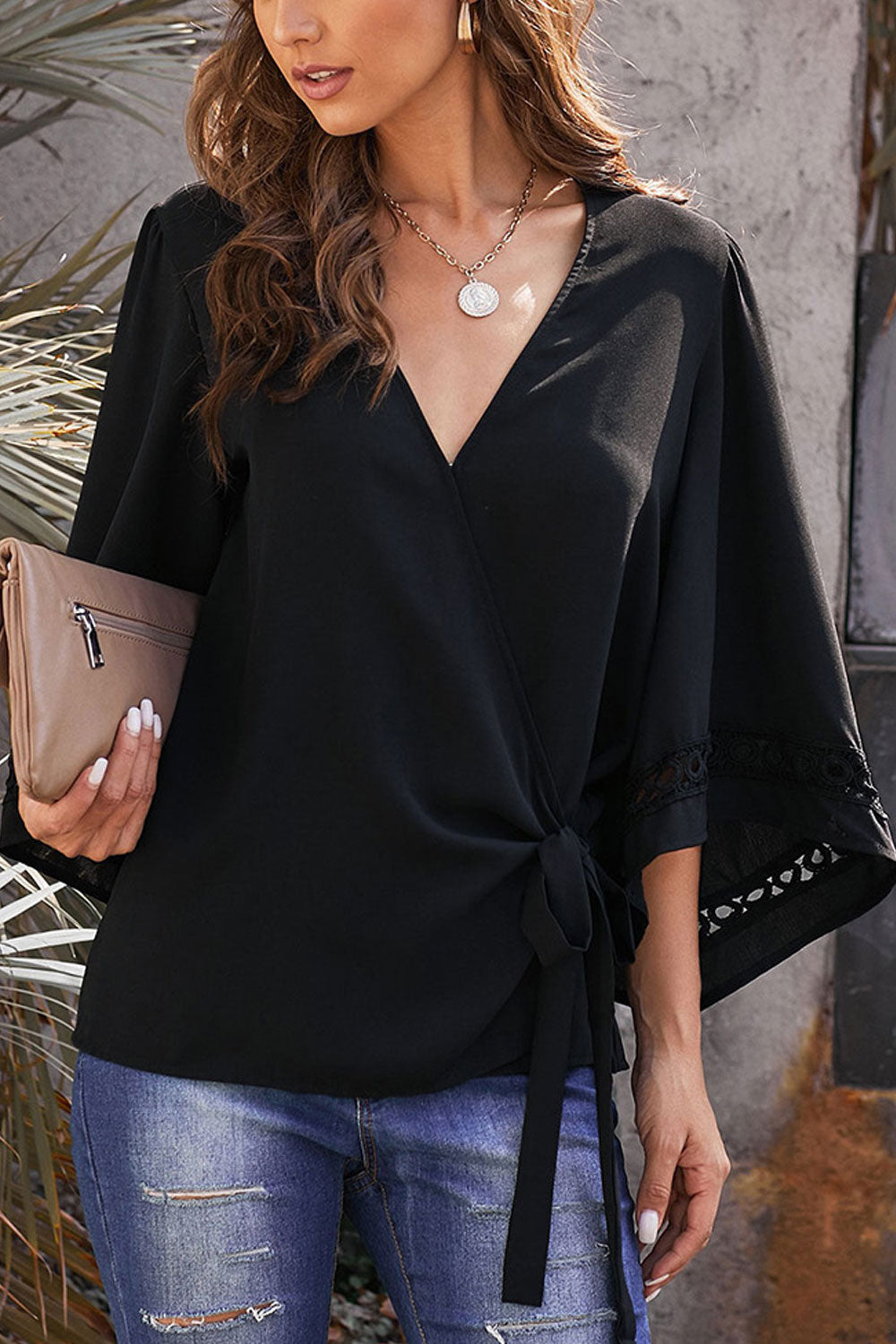 Women Solid Colored V-Neck Style Horn Sleeve Top