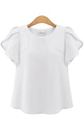 Women Ruffled Sleeve Round Neck Solid Chiffon Shirt