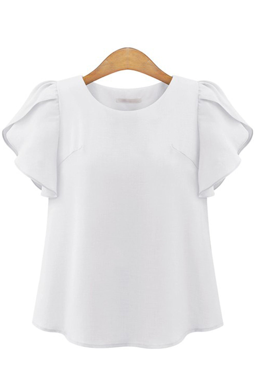 Women Ruffled Sleeve Round Neck Solid Chiffon Shirt