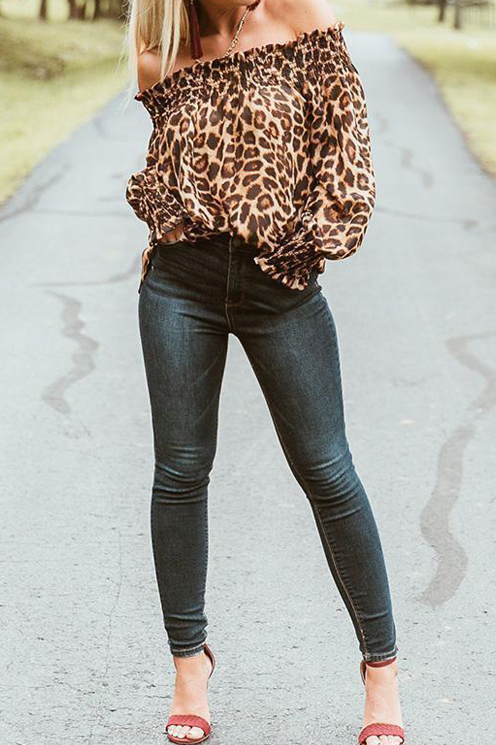 Women Cold Shoulder Elastic Neck Leopard Top