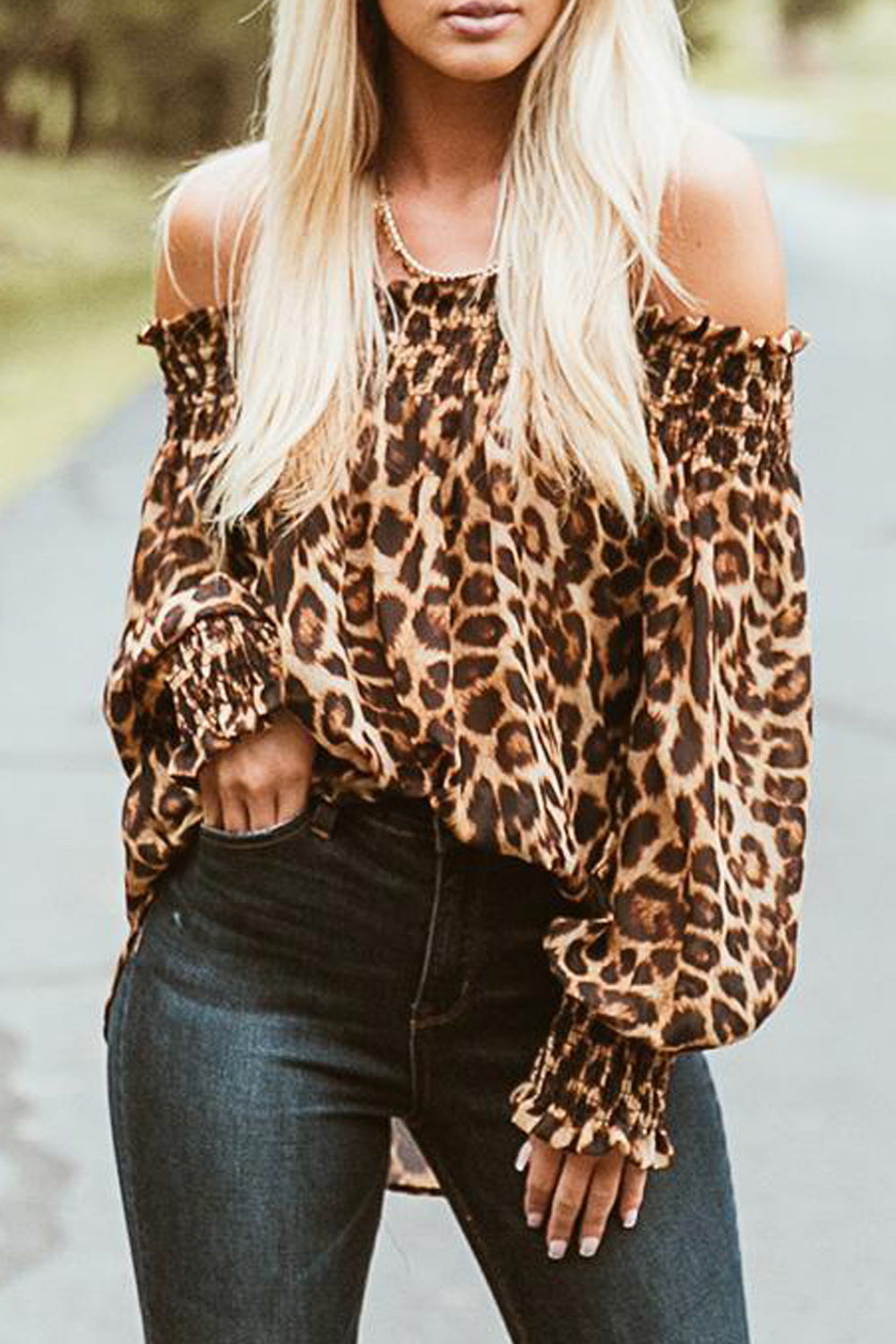 Women Cold Shoulder Elastic Neck Leopard Top