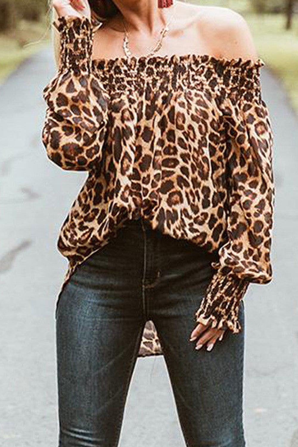 Women Cold Shoulder Elastic Neck Leopard Top
