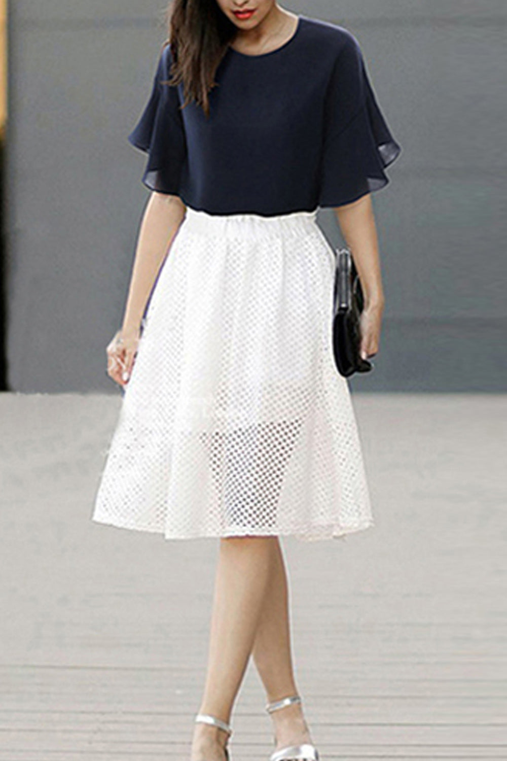 Women Round Neck Ruffled Soft Chiffon Top