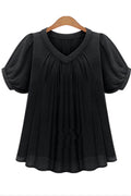 Women Pleated V-Neck Short Sleeve Casual Top