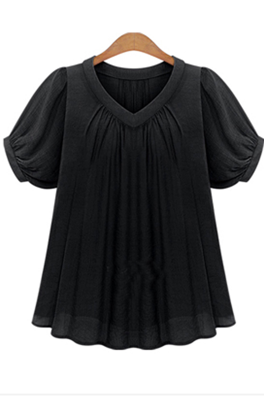 Women Pleated V-Neck Short Sleeve Casual Top