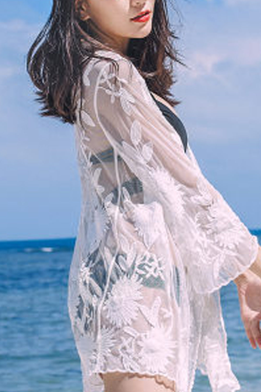 Women Beautiful Flower Embroidered Knee Above Beach Cover-Up