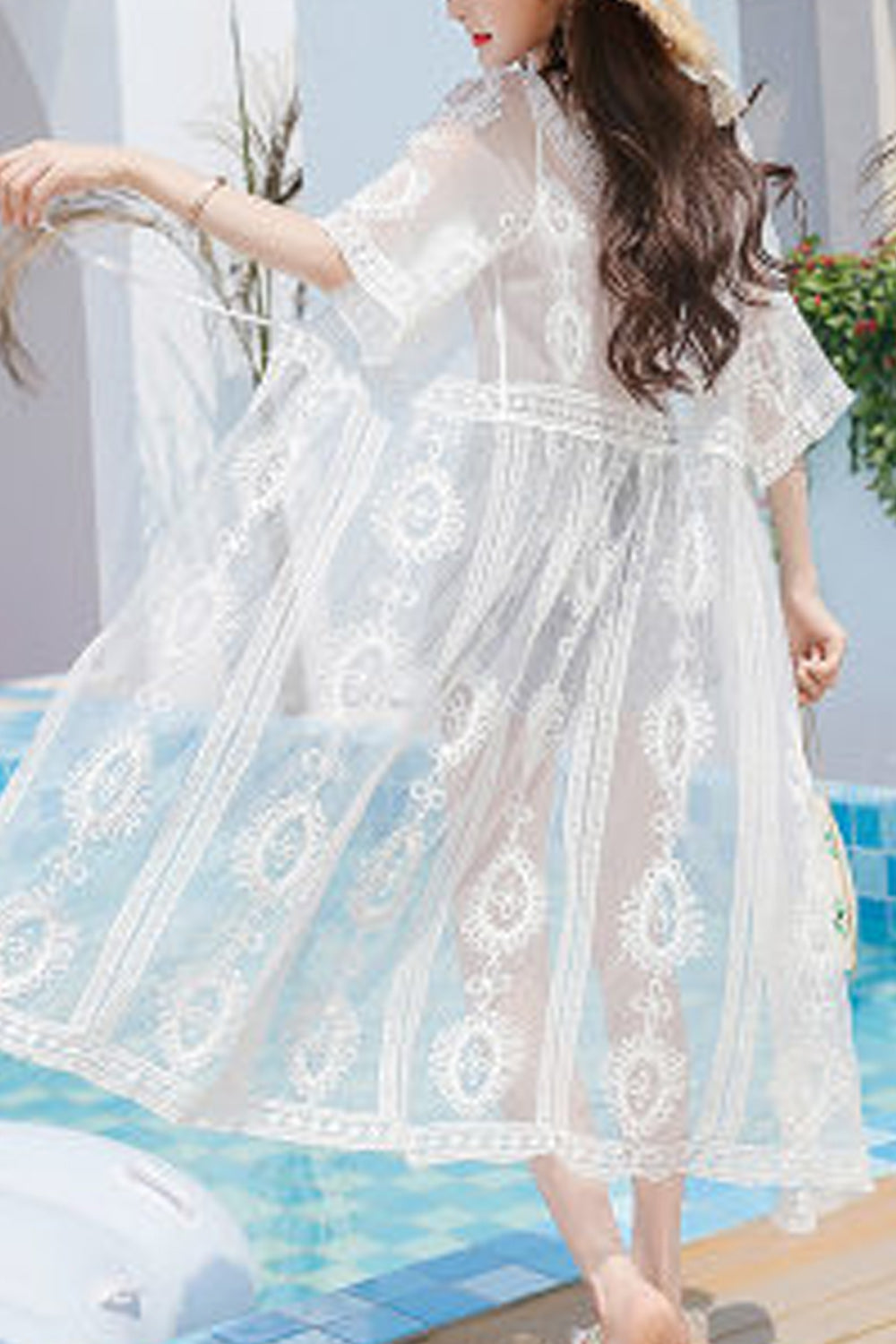 Women Easy Tie Knot Stylish Lace Decorated Beach Cover-Up
