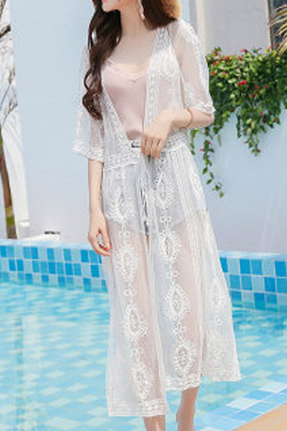 Women Easy Tie Knot Stylish Lace Decorated Beach Cover-Up