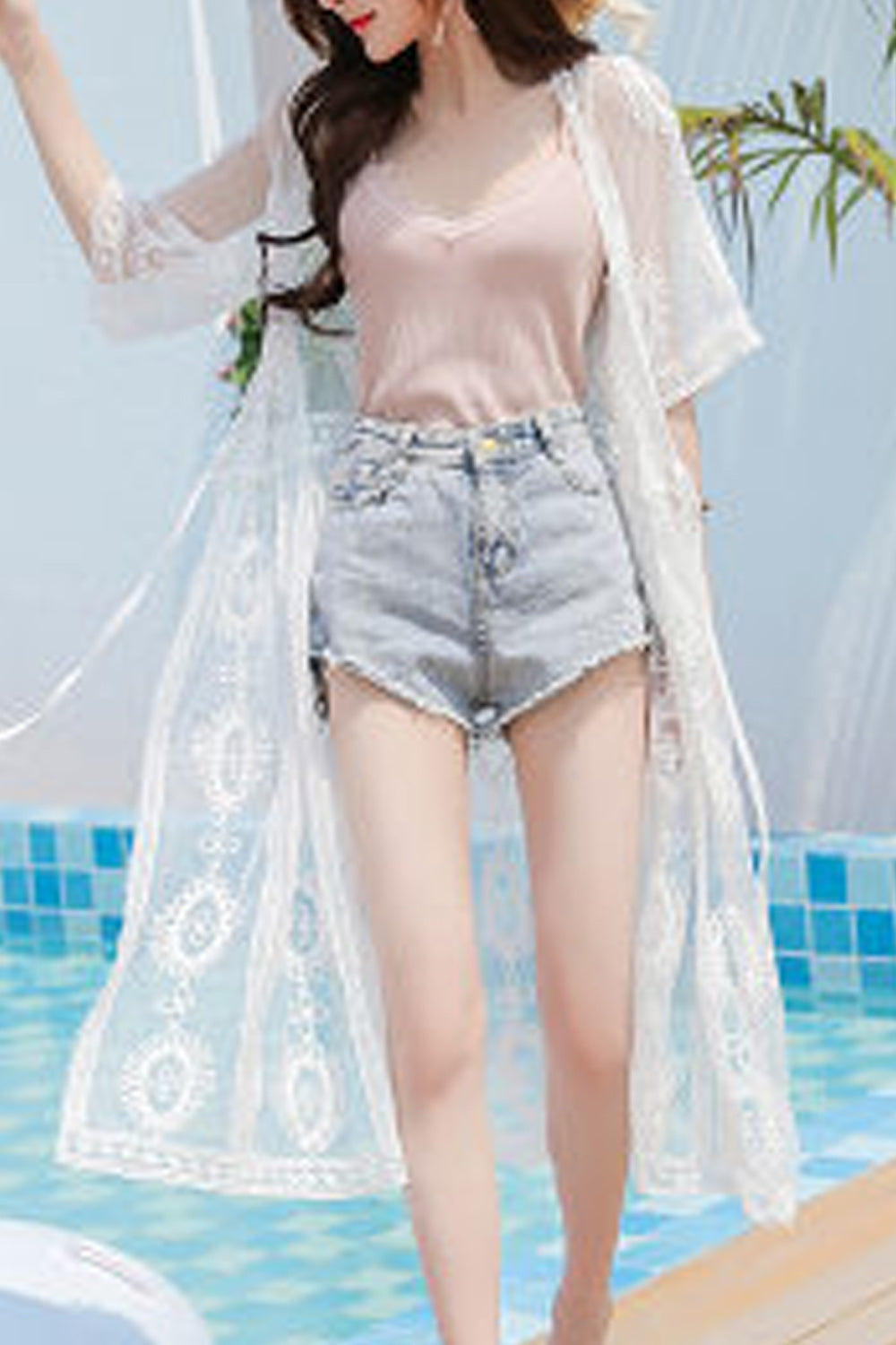 Women Easy Tie Knot Stylish Lace Decorated Beach Cover-Up