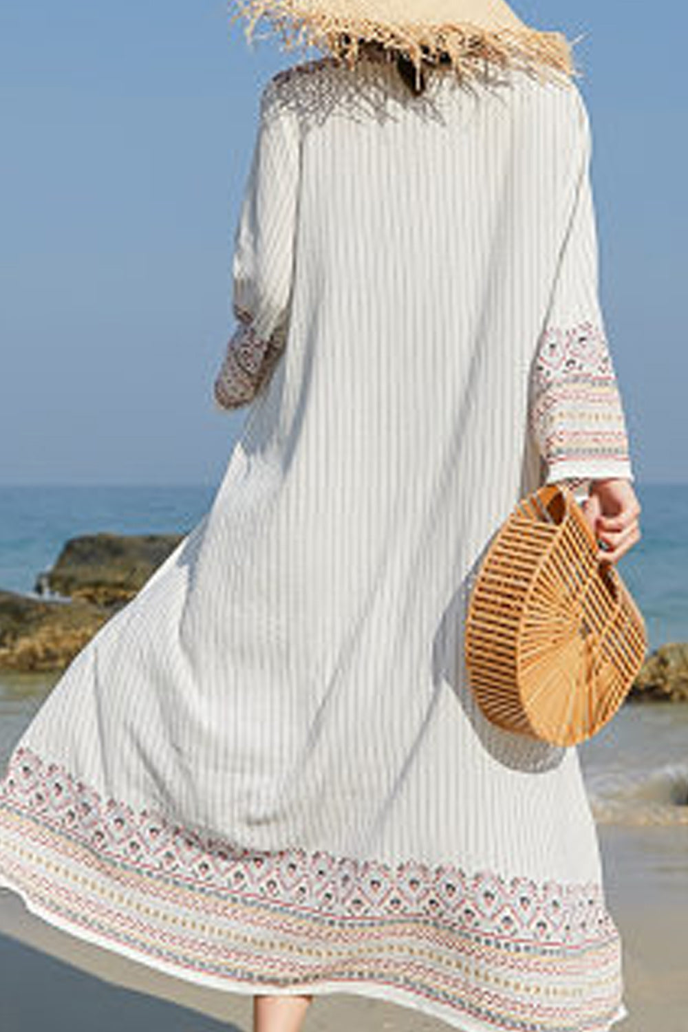 Women Stripe Printed Long Sleeve Breathable Cover-Up