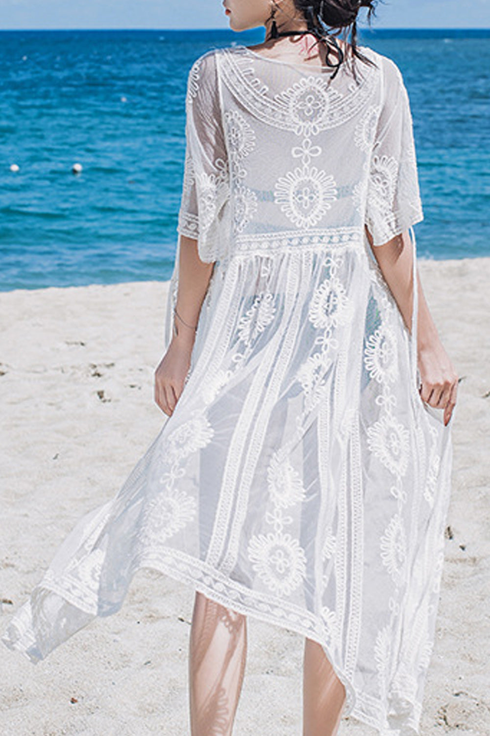 Women Fashionable Short Sleeve Tie Knot Beach Cover-Up