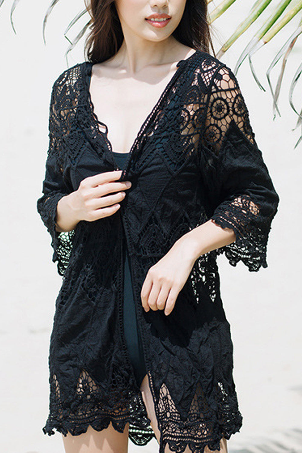 Women Seaside Stylish Hollow Lace Breathable Beach Cover-Up