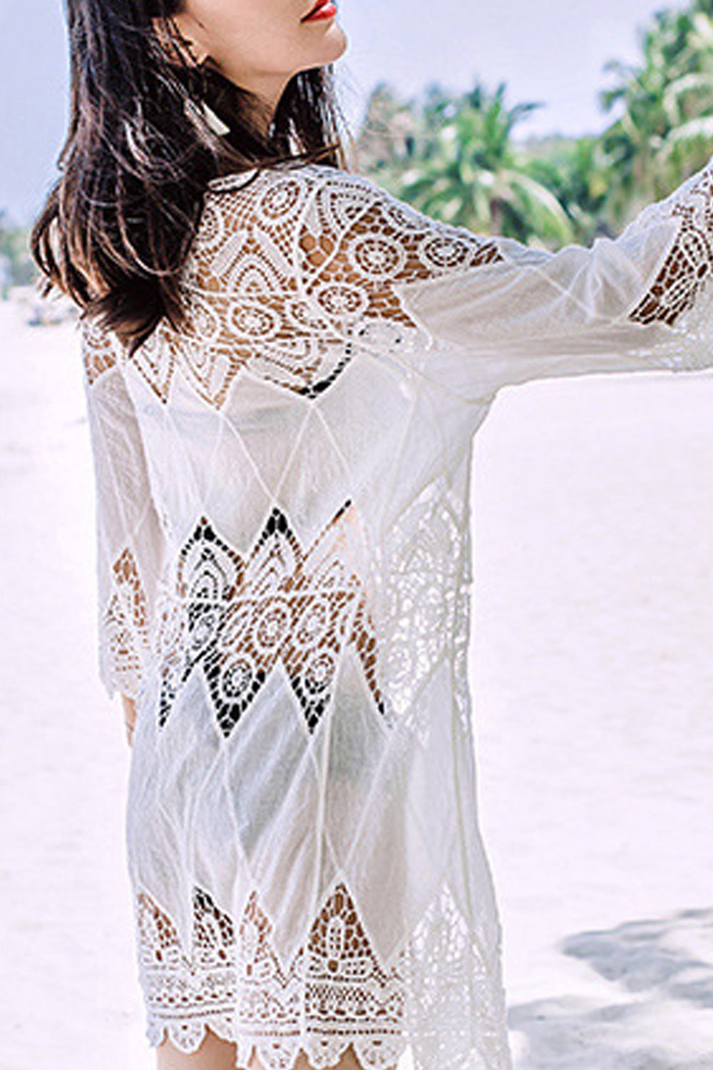 Women Seaside Stylish Hollow Lace Breathable Beach Cover-Up