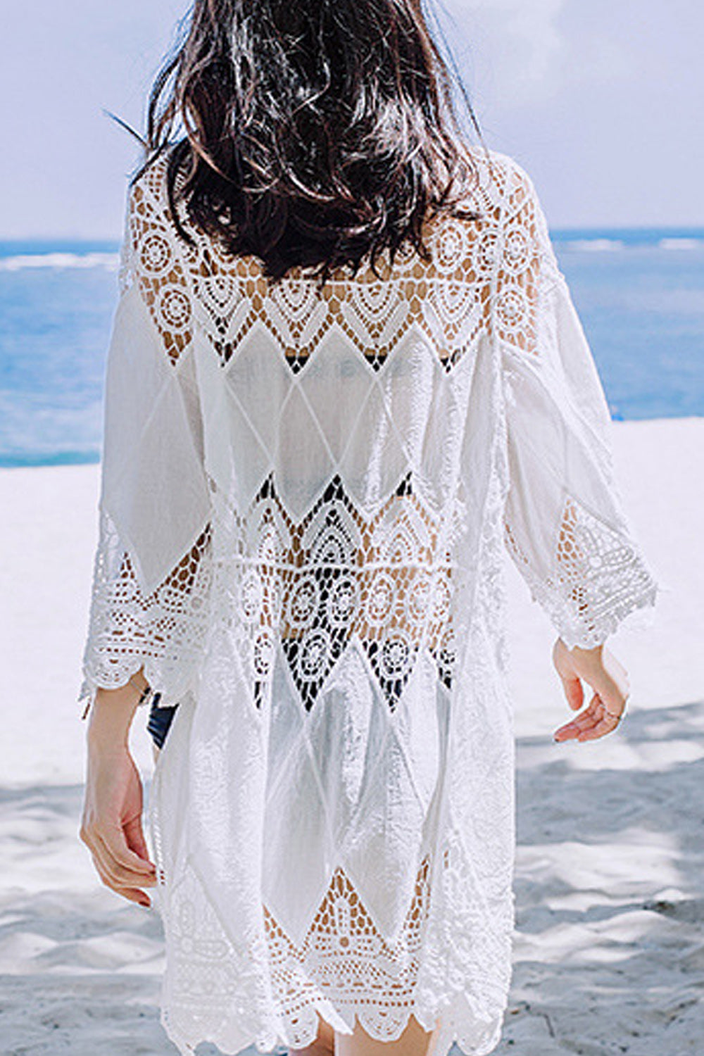 Women Seaside Stylish Hollow Lace Breathable Beach Cover-Up