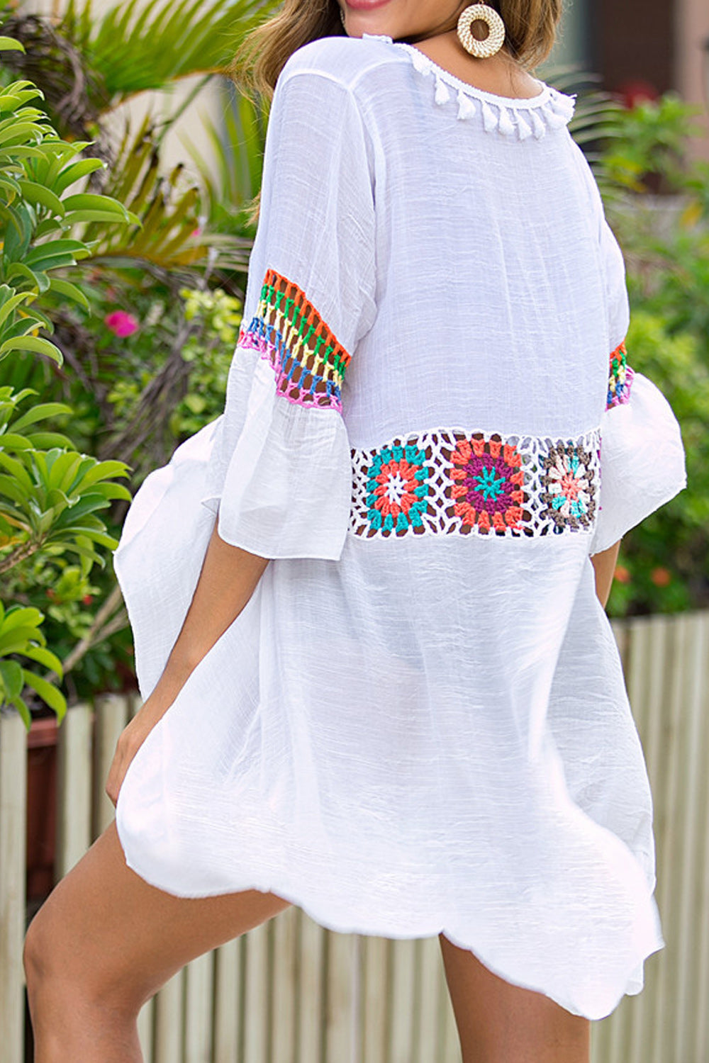 Women Draw String Flower Embroidered Beach Cover-Up
