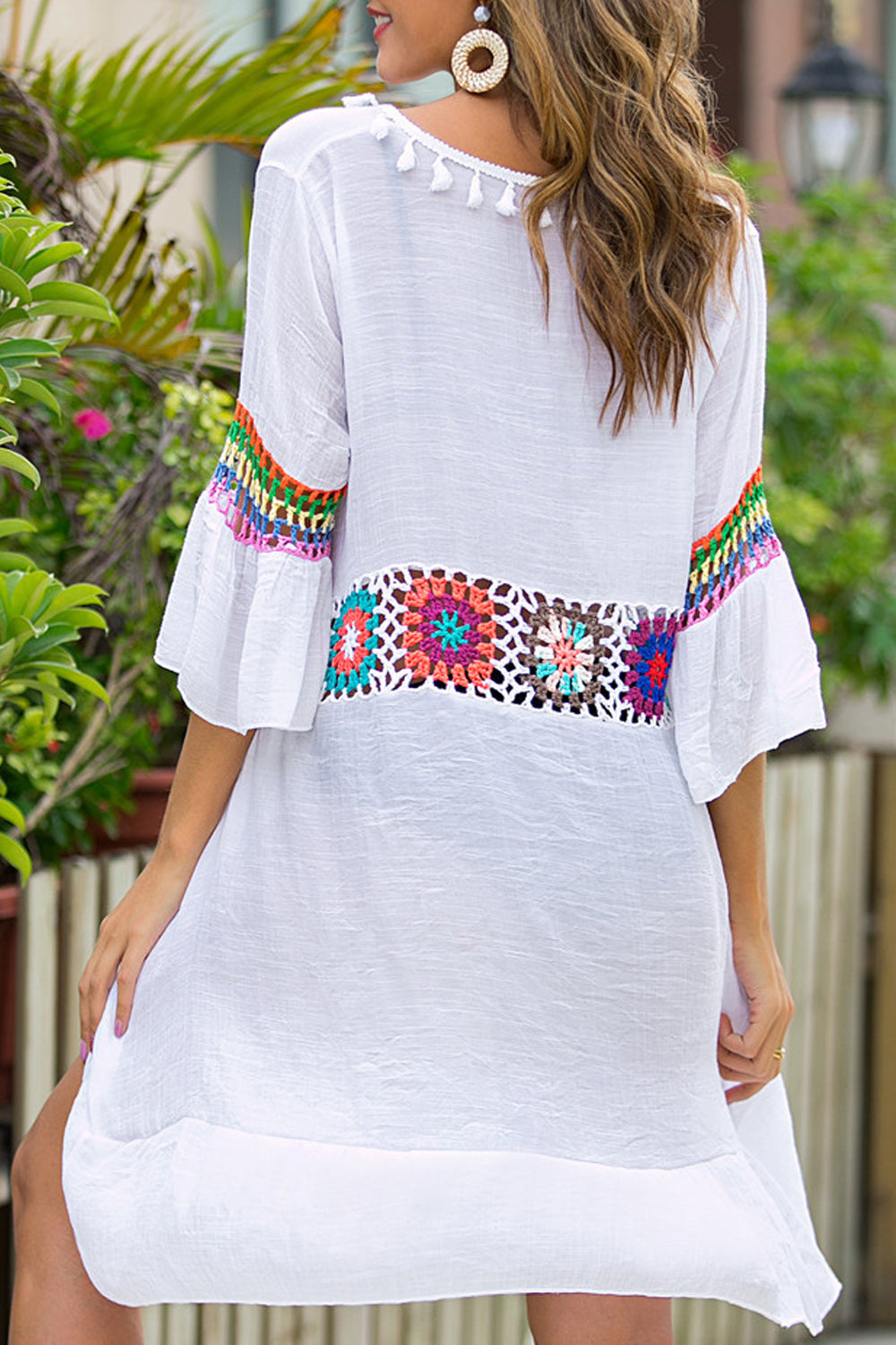 Women Draw String Flower Embroidered Beach Cover-Up