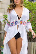 Women Draw String Flower Embroidered Beach Cover-Up