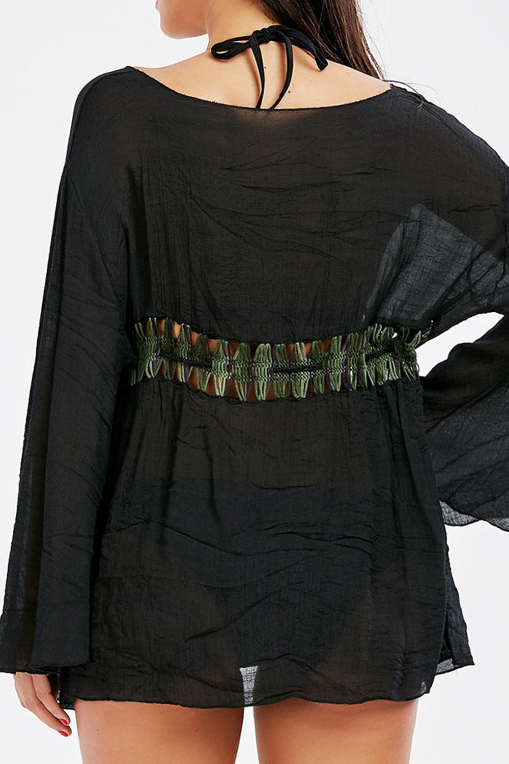 Women Solid Colored Draw String Long Sleeve Cover-Up
