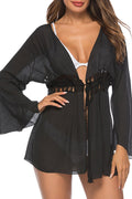 Women Solid Colored Draw String Long Sleeve Cover-Up