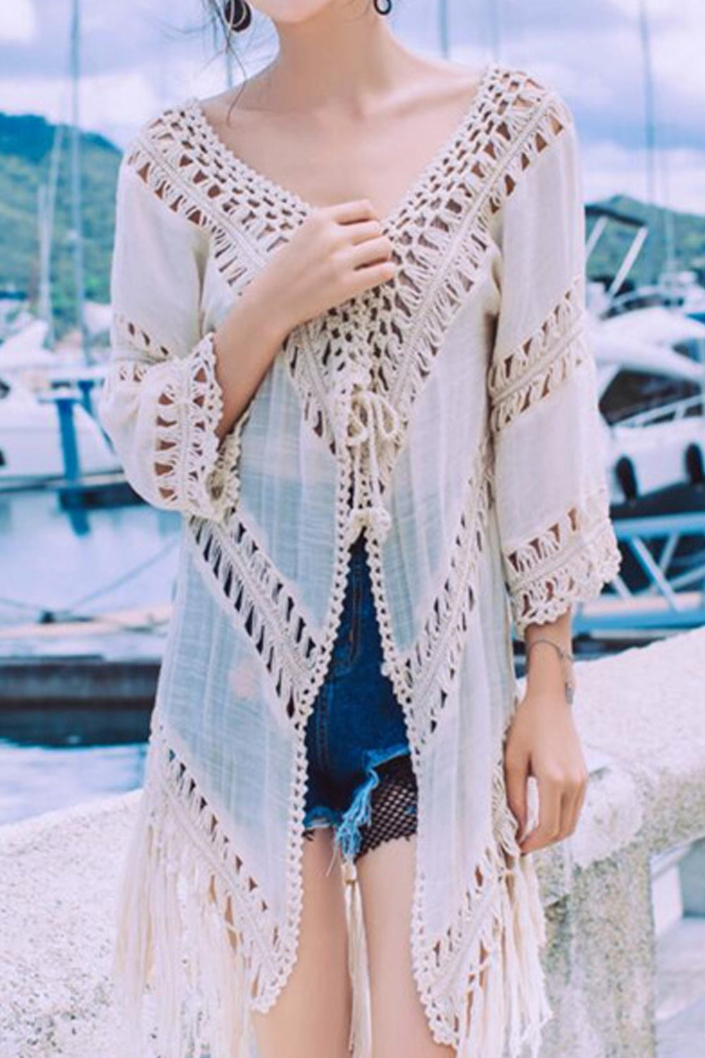 Women Tassel Hem Tie Knot Fashionable Beach Cover-Up