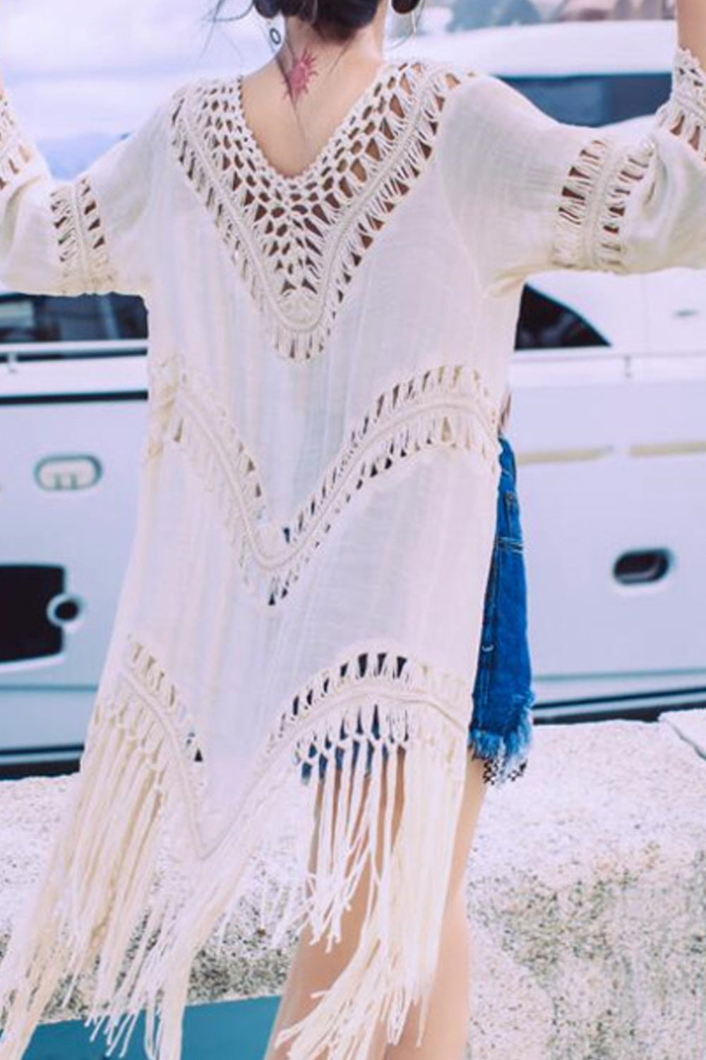 Women Tassel Hem Tie Knot Fashionable Beach Cover-Up