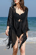 Women Tassel Hem Tie Knot Fashionable Beach Cover-Up