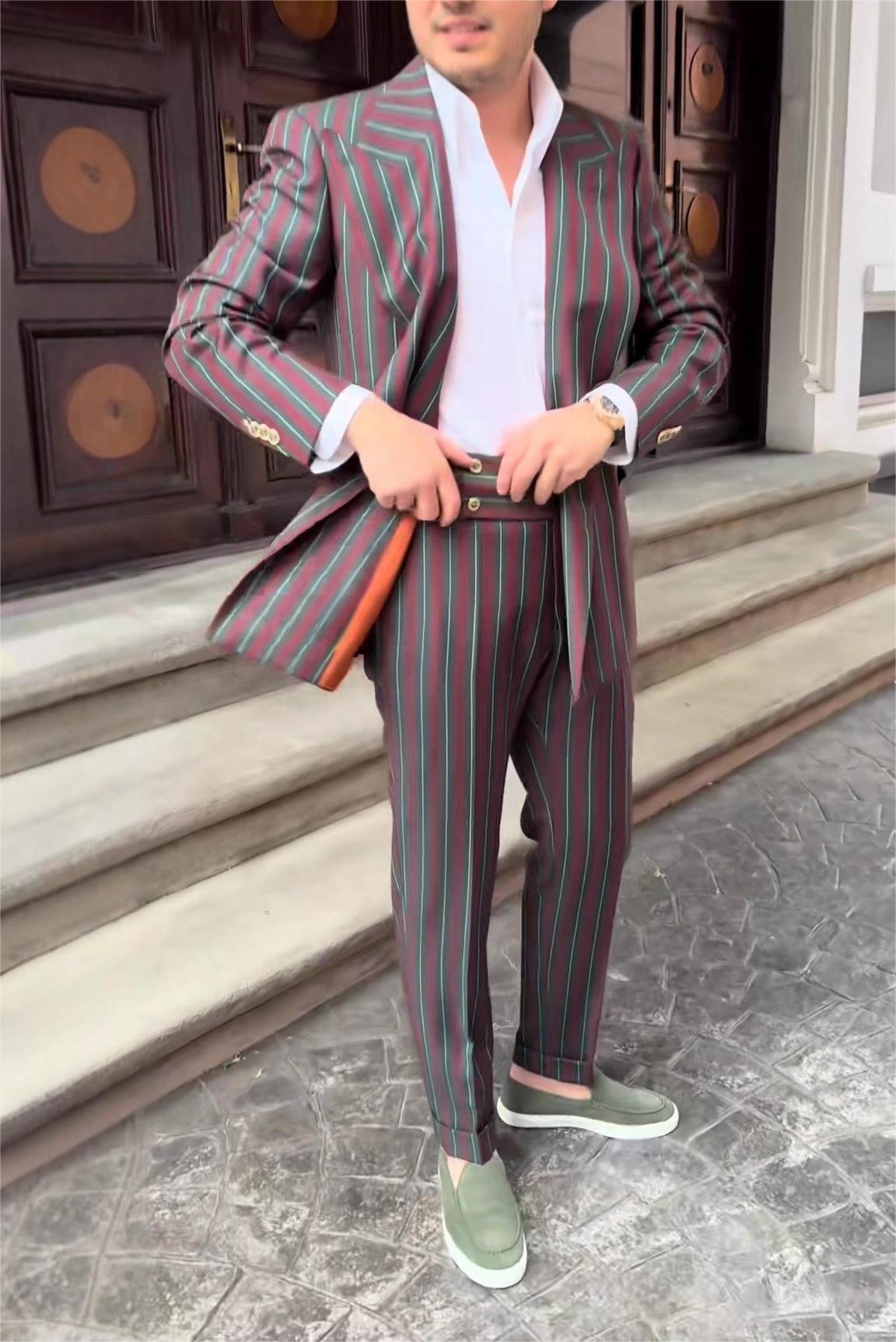 British Style Striped Double-Breasted Three-Piece Suit Set for Men