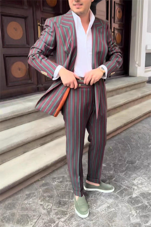 British Style Striped Double-Breasted Three-Piece Suit Set for Men