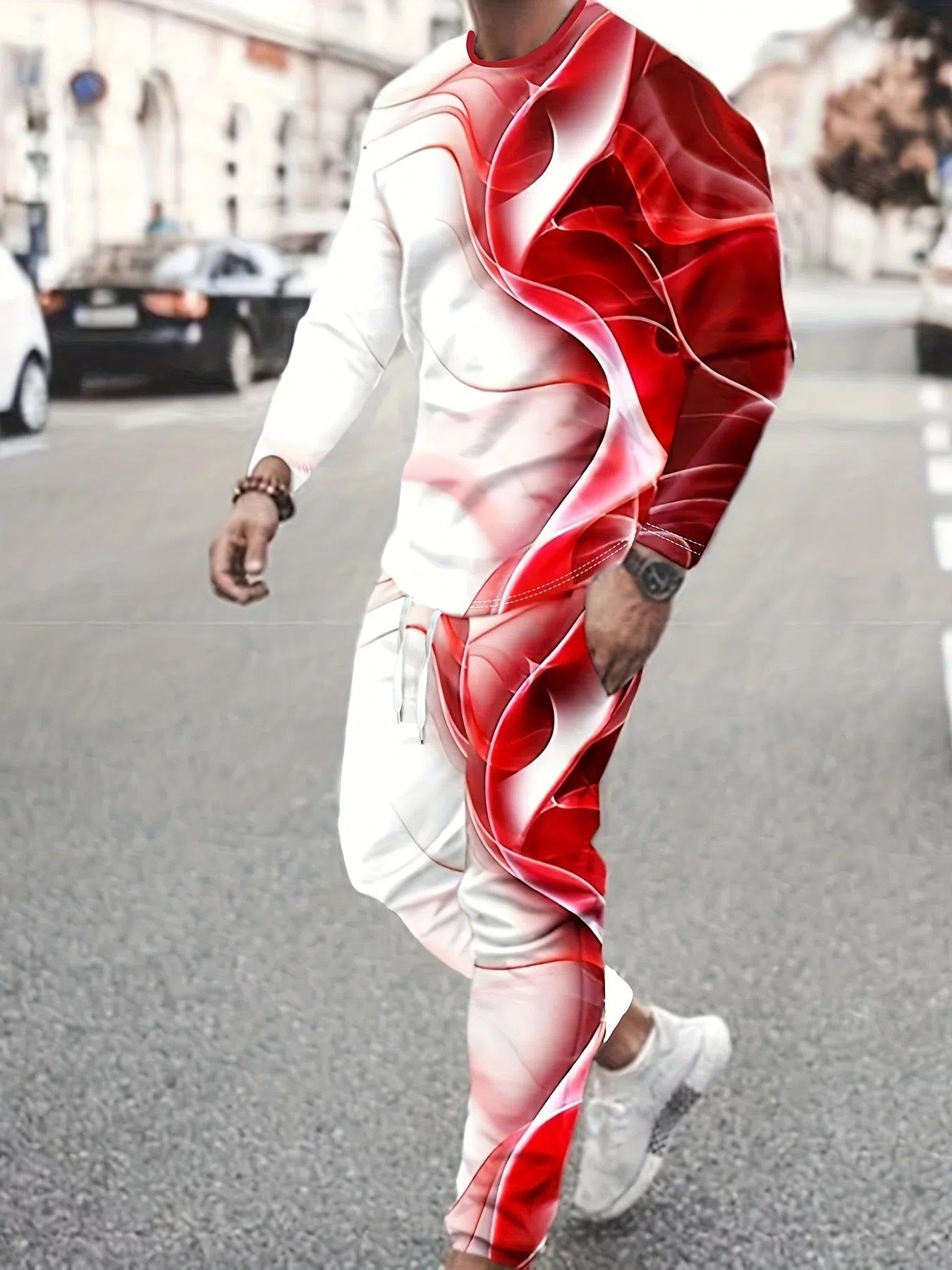Gradient Print Casual Crew Neck Jogger Set